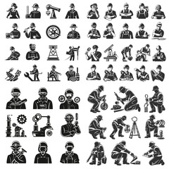A collection of black and white icons of workers in various professions
