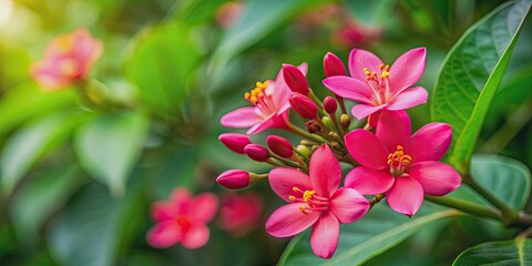 Fototapeta premium Vibrant pink Jatropha integerrima flower blooming in a tropical garden, Jatropha integerrima, pink, flower, tropical, garden