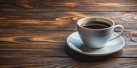 Simple and classic black coffee in a white mug on a wooden table, minimalistic, morning, caffeine, natural light