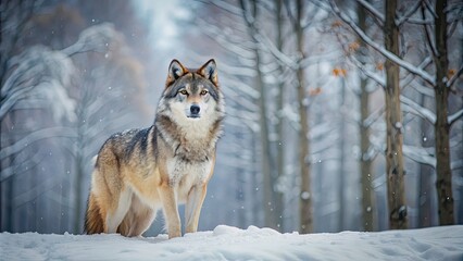 Fototapeta premium Majestic gray wolf standing in a snowy forest , wildlife, predator, carnivore, pack animal, fur, howling