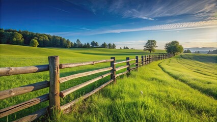 Rustic wooden fence enclosing a lush green field under a clear blue sky, rustic, wooden, fence, green, field, blue sky