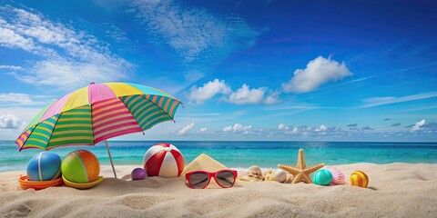 A vibrant and fun summer vacation scene at the beach , Beach, sun, sand, vacation, relaxation, ocean, travel, summertime