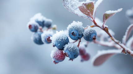 Frosty blueberries on a branch covered in snow, close-up view. Winter nature and holiday season concept
