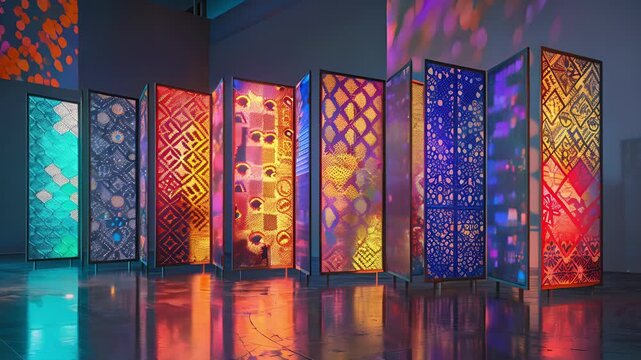 A set of tall decorative folding screens with intricate geometric patterns in vibrant colors.