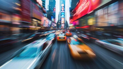 Cars zooming through a city street during rush hour, captured with motion blur for a dynamic effect