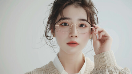 スキンケアで美肌美白の日本人女性の美容・ビューティーポートレート(眼鏡モデル)