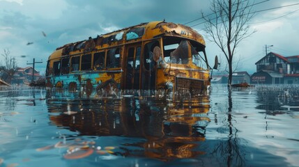 Obraz premium Coach suspended in water, creating a striking visual of flood damage and surreal displacement