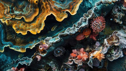 Fototapeta premium Close-up of intricate coral formations with small fish darting in and out, showcasing the beauty of underwater life