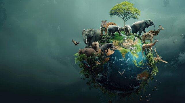 Creative Earth Day or World Wildlife Day concept, with animals and a globe, highlighting conservation efforts