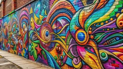 Naklejka premium Graffiti art on urban wall with colorful abstract designs , street art, graffiti, spray paint, urban, city