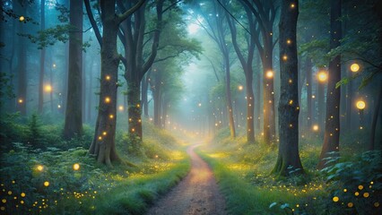 Fototapeta premium Enchanting moonlit forest pathway with glowing fireflies and misty atmosphere, moonlit, forest, pathway, enchanting, mystical