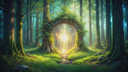 A mystical portal in a lush forest surrounded by trees and glowing with mysterious energy, fantasy, enchanting, magic