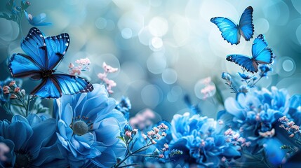 Elegant blue flower garden with butterflies, ideal for spring and beauty-themed designs.