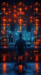 A focused technician analyzes data amidst glowing servers in a high-tech data center, showcasing modern technology and cybersecurity.