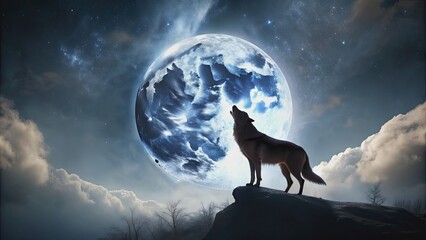A dark and eerie image of a lone wolf howling at the moon in the night sky, wolf, night, moon, howling, wildlife, predator
