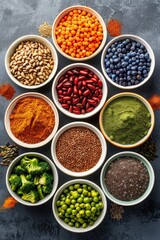 A vibrant assortment of colorful ingredients including spices, beans, and vegetables in bowls, perfect for healthy cooking and meal prep.