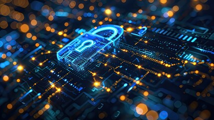 Futuristic padlock icon representing cybersecurity, with a dark blue tech-themed backdrop