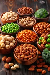 A vibrant assortment of nuts and legumes in wooden bowls on a rustic table, showcasing healthy snacking options.