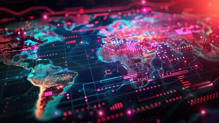 Fototapeta premium Futuristic world map with vibrant colors and digital elements, highlighting technological advancements