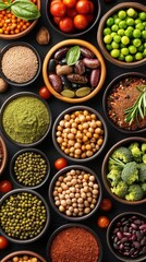 An array of fresh, vibrant ingredients including herbs, legumes, and colorful vegetables arranged in bowls on a dark surface.