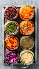 Colorful jars of pickled vegetables arranged neatly on a rustic tray, showcasing vibrant colors and diverse textures.