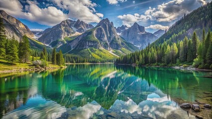 Serene alpine lake nestled among towering mountains, mountain, lake, reflection, serene, calm, tranquil