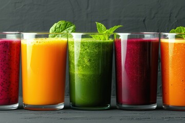 Colorful fruit and vegetable juices in glasses, showcasing healthy and refreshing beverage options for a vibrant lifestyle.