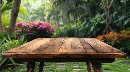 Wooden table with green garden background for product display