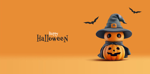 Pumpkin with a monster in a hat, bats, 3D. Orange banner for Happy Halloween celebration concepts. Vector illustration.