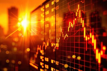 Fototapeta premium Dynamic stock market graph glowing in sunset light, illustrating financial trends and investment opportunities in a vibrant atmosphere.