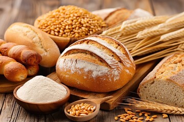 Freshly baked bread loaves, grains, and flour arranged beautifully, highlighting the art of baking and the essence of hearty meals.