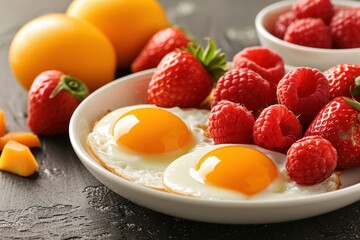 Healthy breakfast featuring fresh eggs, strawberries, and raspberries with ripe oranges on a dark wooden background.