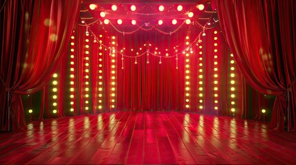 Red curtain 3D circus stage with carnival lights, ideal for festive and fun product presentations.