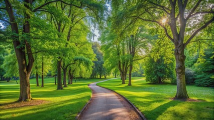 Path in a park surrounded by lush trees and green grass, park, path, trees, grass, nature, outdoors, scenic, tranquil