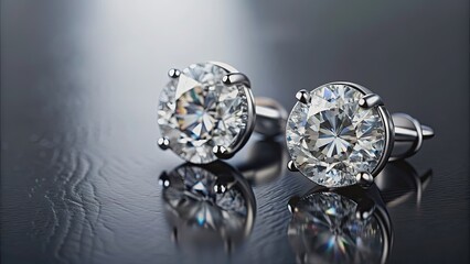 Diamond earrings displayed on a sleek black reflective surface, luxury, jewelry, elegant, fashion, accessories, shiny, sparkly
