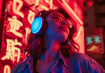 Young Woman Enjoying Music with Neon Lights in Urban Setting