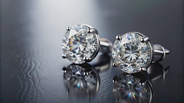 Diamond earrings displayed on a sleek black reflective surface, luxury, jewelry, elegant, fashion, accessories, shiny, sparkly