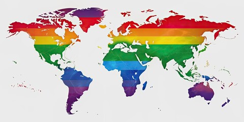 A colorful world map with pride flag colors representing LGBTQ+ communities worldwide, pride, world map, LGBTQ+