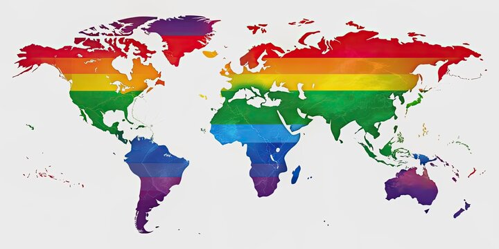 A colorful world map with pride flag colors representing LGBTQ+ communities worldwide, pride, world map, LGBTQ+