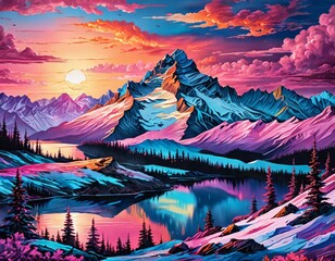A bright and vibrant landscape with mountains, trees and a lake, in pink, purple and blue neon colors. 