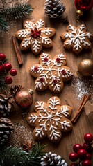 Fototapeta premium Christmas gingerbread cookies in the form of stars, Christmas trees and snowflakes on dark wooden background. Flat lay top view Close-up. Festive vertical background Christmas banner, greeting card