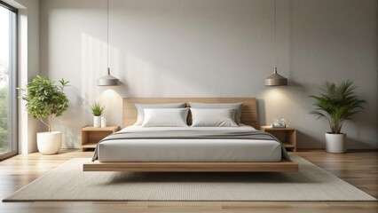 Sleek, low-profile bed frame in a calming neutral tone, adorned with crisp white linens and a single accent pillow, against a clean, minimalist backdrop.