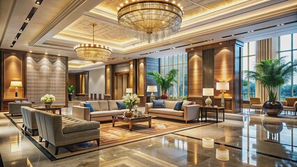 Luxurious hotel lobby with elegant decor and modern furnishings, hotel, interior, lobby, luxury, elegant, decor