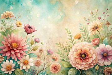 Whimsical retro floral art botanical watercolor flowers bloom on a soft, muted background, perfect for postcards, wallpapers, banners, prints, posters, covers, and greeting cards with copy space.