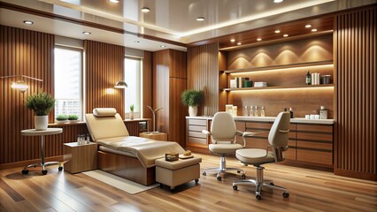 A luxurious dermatology clinic interior with rich wood accents, elegant lighting, and premium skincare products against a warm tan-colored backdrop exudes sophistication and refinement.