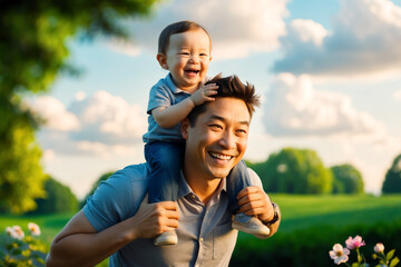 A father carries his child on his shoulder while smiling in the park, creating a moment of family happiness.