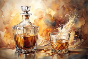 Vibrant watercolor illustration of an elegant whiskey decanter and glass surrounded by abstract swirls of golden brown hues and subtle textures.