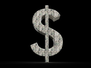 Obraz premium Dollar sign made of hundred dollar bills standing on black background