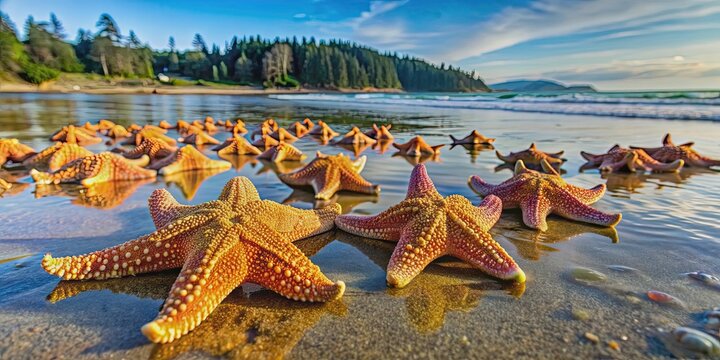 Sea stars clustered on a Washington state beach at low tide, sea stars, Pisaster ochraceus, Washington state