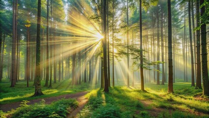 Obraz premium A peaceful, calming forest background with sun rays filtering through the trees, nature, trees, sunlight, serene